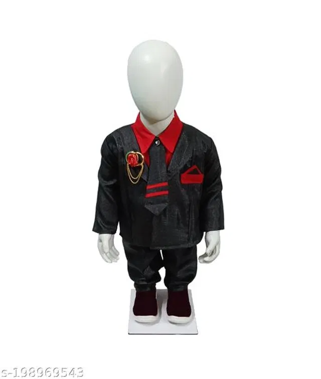 Polycotton 2 Piece Suit for Boys (Black & Red, 12-18 Months)