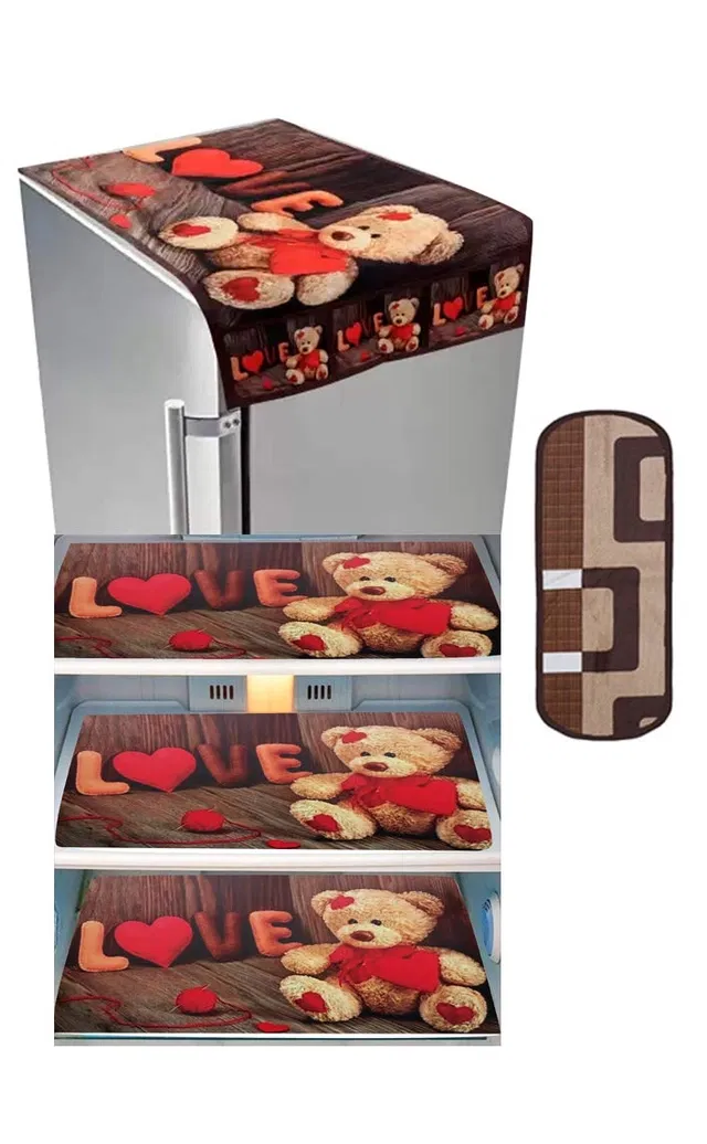 PVC Printed Fridge Top Cover with 3 Pcs Shelf Mats & Handle Cover (Multicolor, Set of 1)