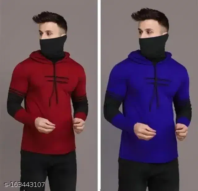 Full Sleeves Hooded T-Shirt for Men (Maroon & Blue, XL) (Pack of 2)