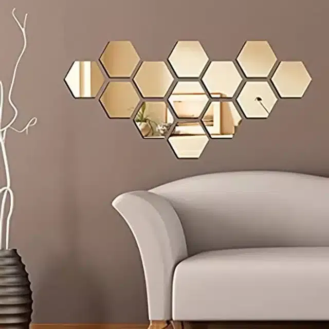 Acrylic Hexagon Shaped Wall Mirror Stickers (Gold, Pack of 13)