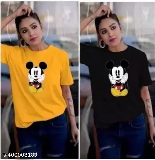 Cotton Blend Printed T-Shirt for Women, Black & Yellow, Pack of 2 (S)