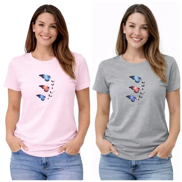 Cotton Blend T-shirt for Women, Grey & Pink, Pack of 2 (L)