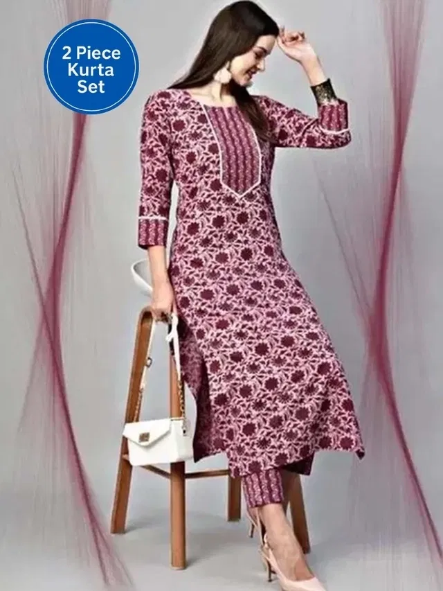 Cotton Printed Women's Kurta with Pant Set (Maroon, XXL)