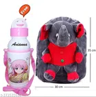 Fabric Elephant Shape School Bag with Sipper Water Bottle for Kids (Grey & Red, Set of 2)