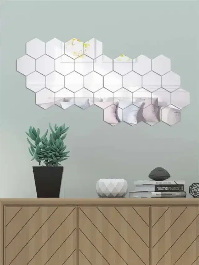 Acrylic Hexagon Shaped Wall Mirror Stickers (Silver, Pack of 32)