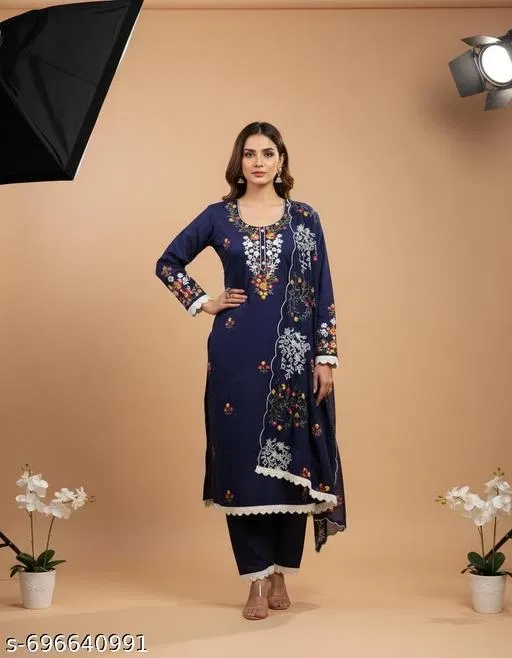 Jaipuri Style Kurti for Women (Navy Blue, Un Stitched)