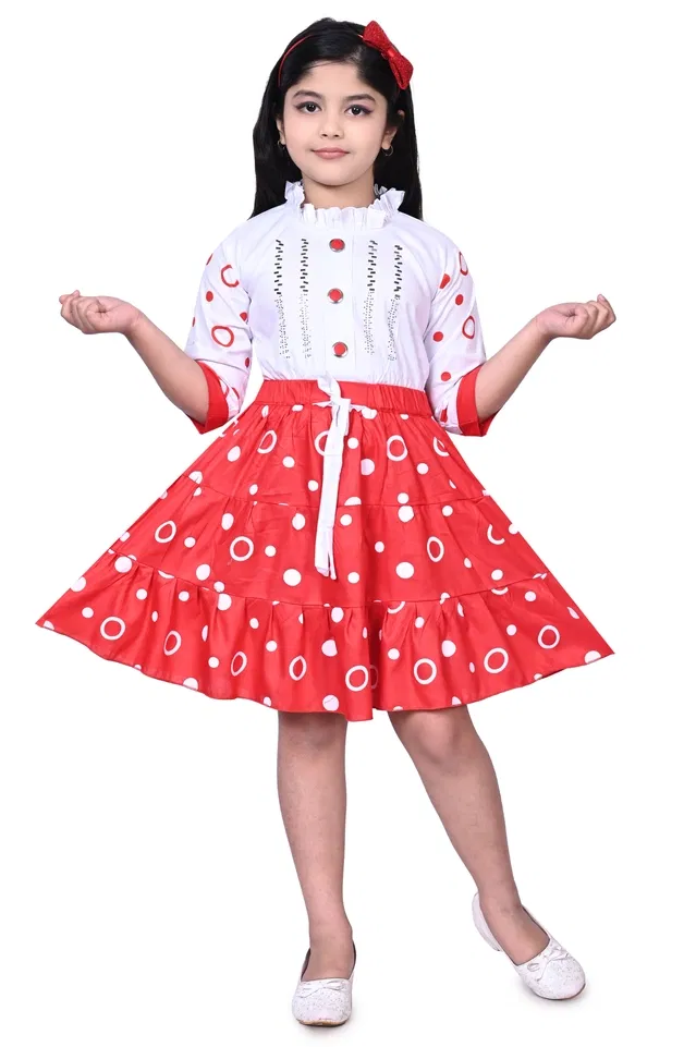 Cotton Printed Frock for Girls (Red & White, 3-4 Years)