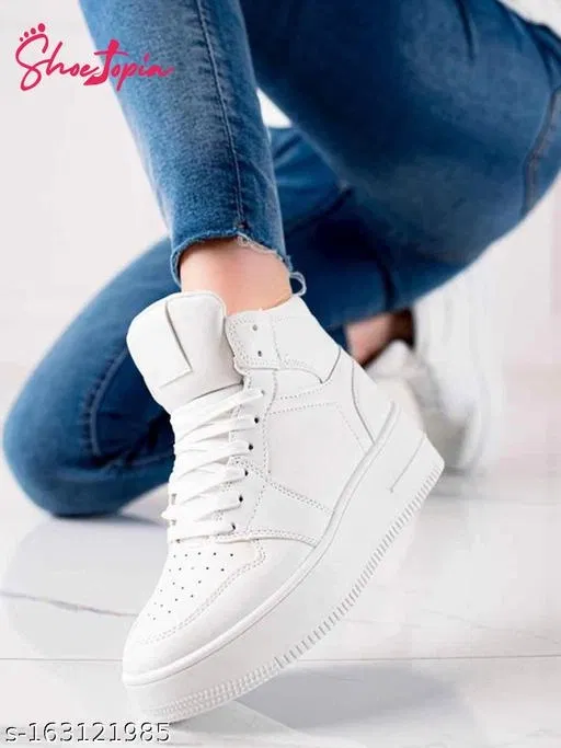 Solid Mid-Top Sneakers for Women (White, IND-6)