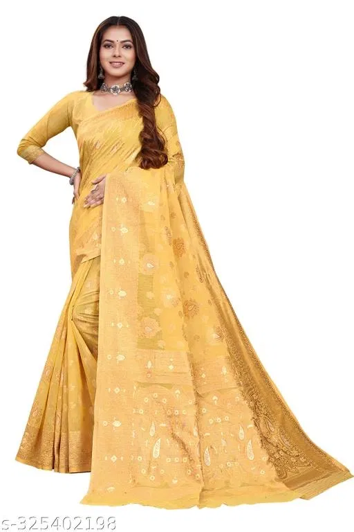 Cotton Zari Woven Saree for Women (Yellow, 6.3 m)
