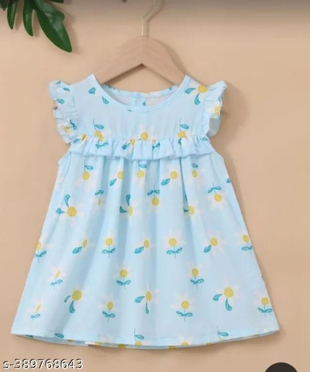 Cotton Frock for Girls (Sky Blue, 9-12 Months)