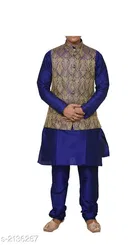 Banarasi Dupion Silk Solid Kurta with Pyjama & Jacket for Men 