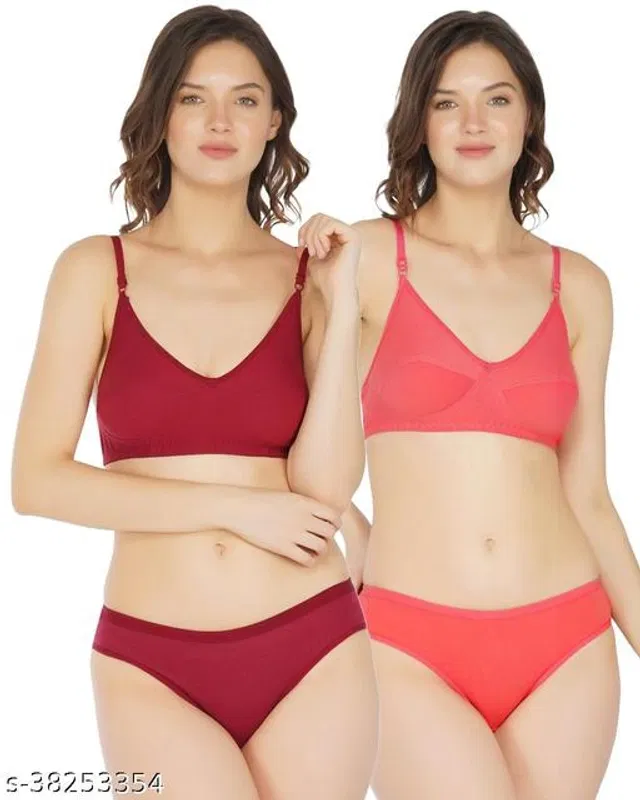 Cotton Blend Solid Lingerie Set for Women (Multicolor, 34A) (Pack of 2)