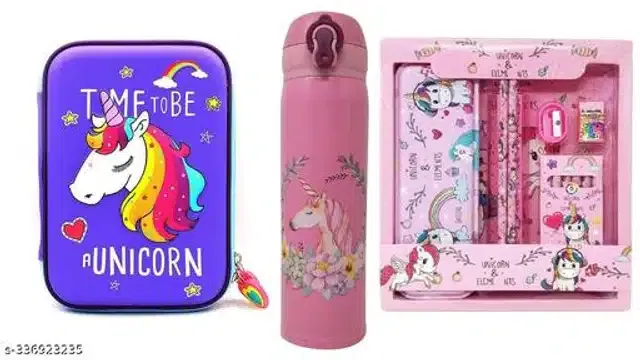 Unicorn Theme Pencil Case with Stationery Kit & Water Bottle (500 ml) (Blue & Pink, Set of 3)