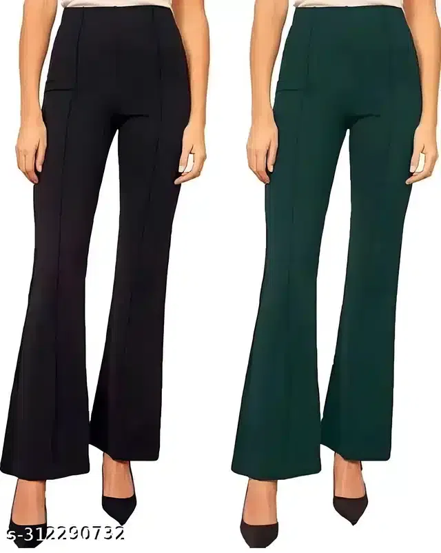 Polyester Solid Trouser for Women (Pack of 2) (Black & Teal, 32)