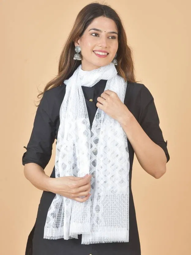 Net Solid Dupatta for Women (White)