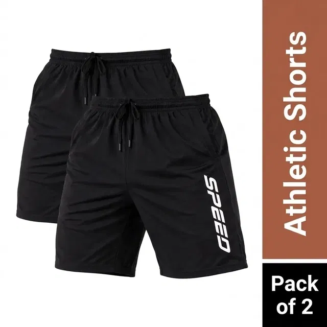 Polycotton Athletic Shorts for Men, Combo Pack of 2, Black, M