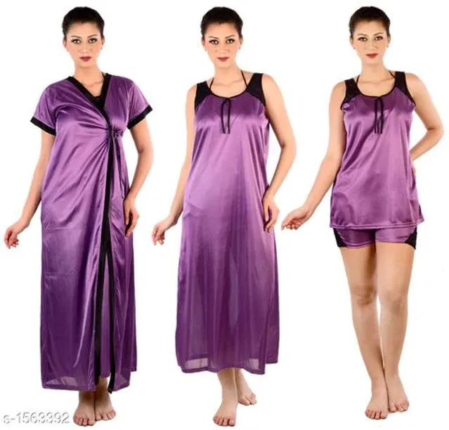 Satin Nightdress Set for Women (Purple, Free Size)