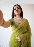 Georgette Solid Saree for Women, Olive 