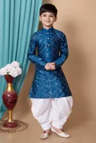 Dupion Silk Embellished Kurta with Dhoti for Boys, Blue & White 