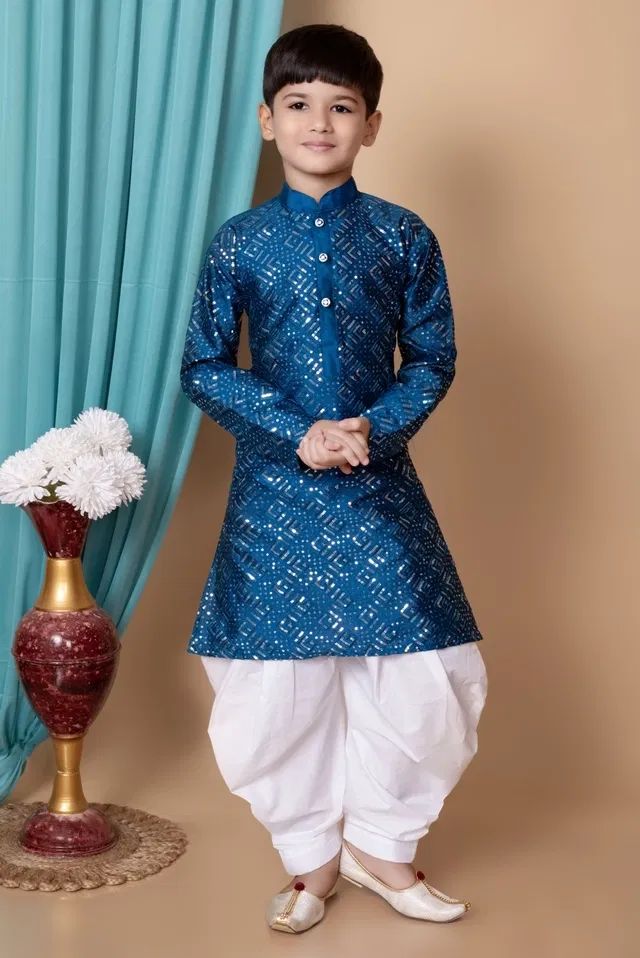 Dupion Silk Embellished Kurta with Dhoti for Boys, Blue & White (5-6 Years)