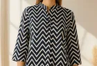 Women's Geometric Print Regular Sleeve Mandarin Collar Top, XL 