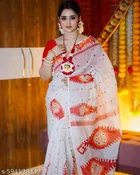 Cotton Lien Printed Saree for Women, White 