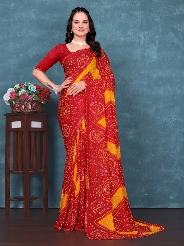 Georgette Bandhini Saree for Women (Red)