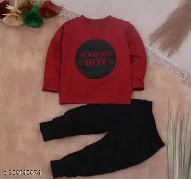 Hosiery Cotton Full Sleeves T-Shirt with Pant Clothing Set for Kids (Maroon & Black, 18-24 Months)