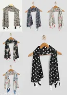 Poly Chiffon Printed Scarves for Women, Black, Pack of 6
