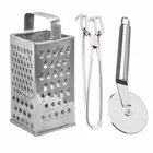 Oc9 स्टेनलेस स्टील 4 in 1 स्लाइसर एंड ग्रेटर & यूटिलिटी पकड़ & पिज़्ज़ा कटर फॉर किचन टूल सेट