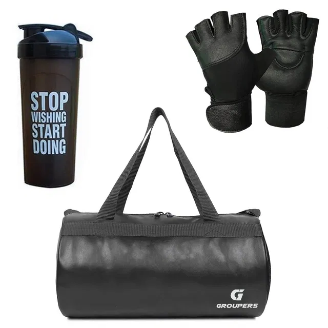 PU Leather Gym Bag with Gloves & Shaker Bottle (700 ml) for Men & Women (Multicolor, Set of 1)