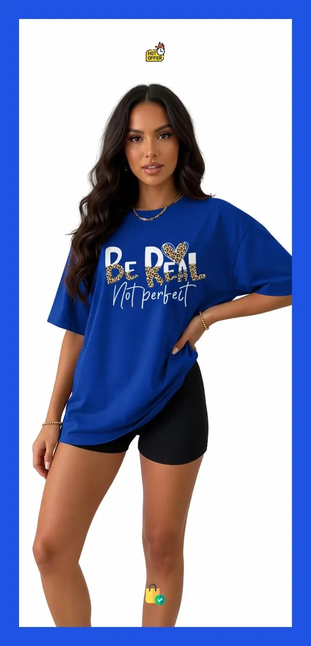 Oversized Cotton Blend T-shirts for Women (Blue, S)