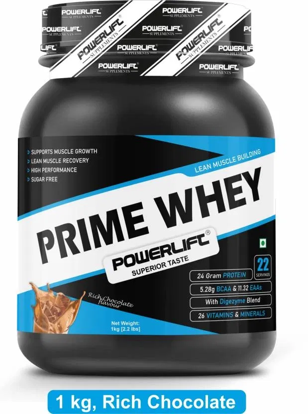 POWERLIFT Prime Whey 100% Whey Protein 24g Protein, 5.29g BCAA with Enzymes & Vitamins Whey Protein (1 kg, Rich Chocolate)