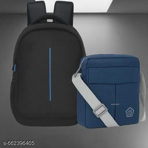 Polyester Backpack with Cross Body Bag for Men, Black, Set of 2