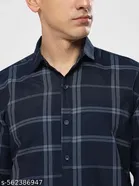 Cotton Blend Checked Shirts for Men, Navy Blue 