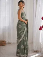 Bollywood Organza Satin Embroidered Saree for Women 