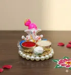 Metal Decorative Ganpati Haldi Kumkum Stand with 2 Roli Chawal Holder, Multicolor
