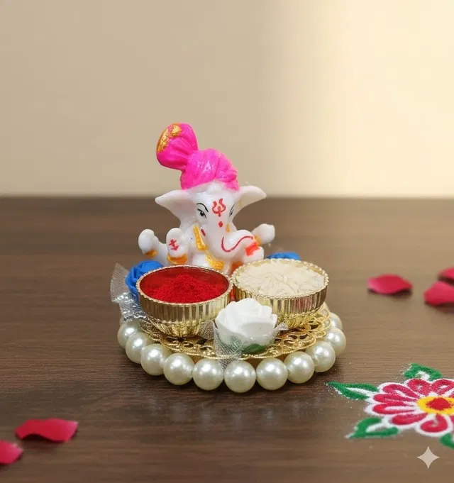 Metal Decorative Ganpati Haldi Kumkum Stand with 2 Roli Chawal Holder, Multicolor