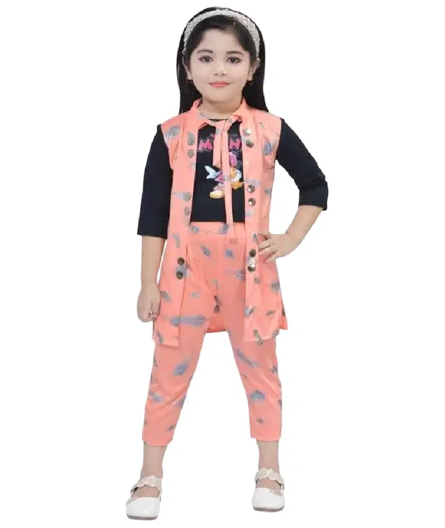 Cotton Blend Clothing Set for Girls (Black & Peach, 5-6 Years)