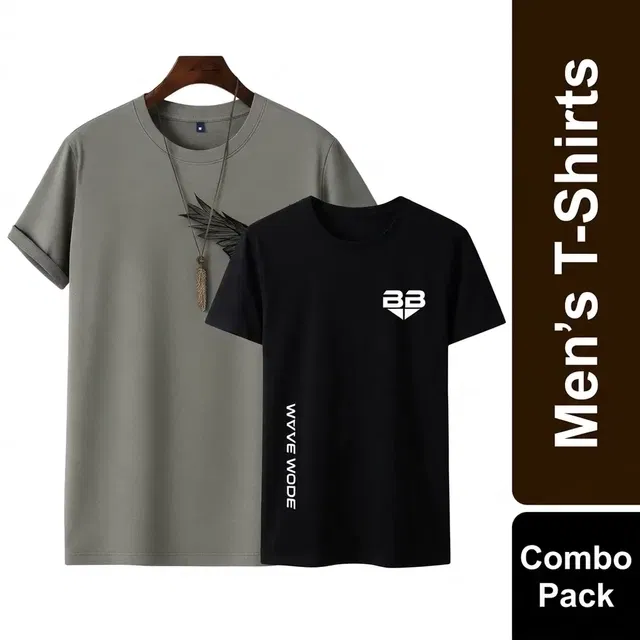 Round Neck Printed T-Shirt for Men, Combo Pack of 2, Grey & Black, L