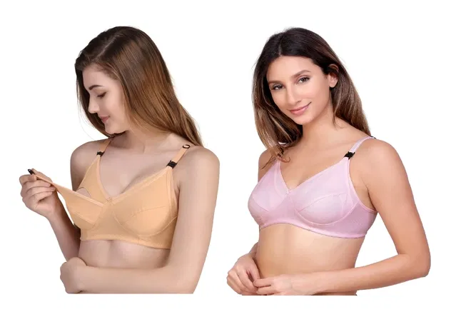 Cotton Blend Solid Non Padded Feeding Bras for Women (Multicolor, 34) (Pack of 2)