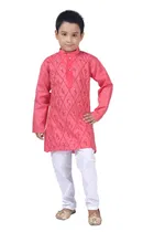 Cotton Blend Embroidery Kurta with Payjama for Boys, Pink & White 