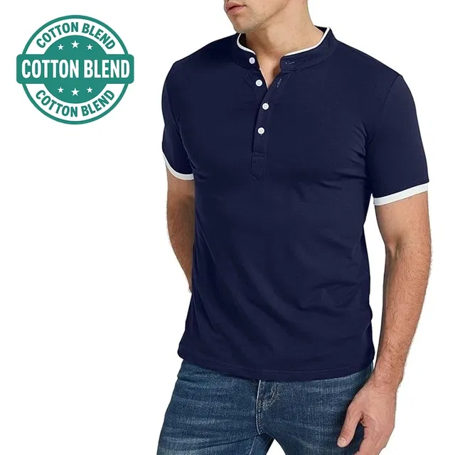Mandarin Collar Solid T-Shirt for Men (Blue, XL)