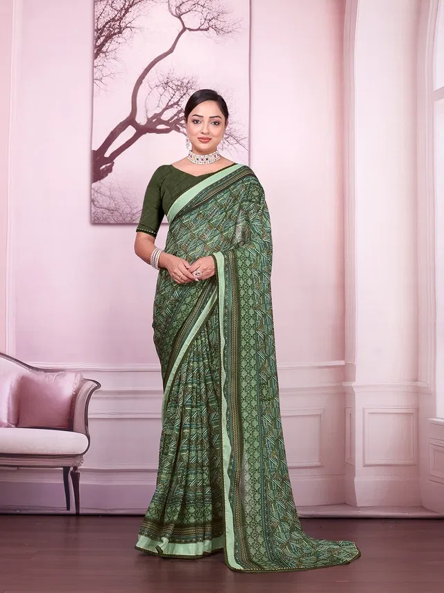 Georgette Printed Saree for Women (Green, 6.3 m)