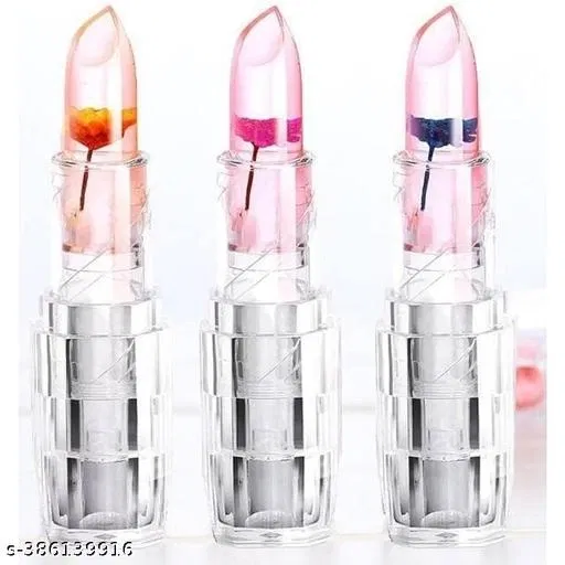 Professional Waterproof Moisturizing Flower Crystal Lipstick Jelly Flower Transparent Color Changing Lip Balm Lipstick For Girls & Women Pack Of 3