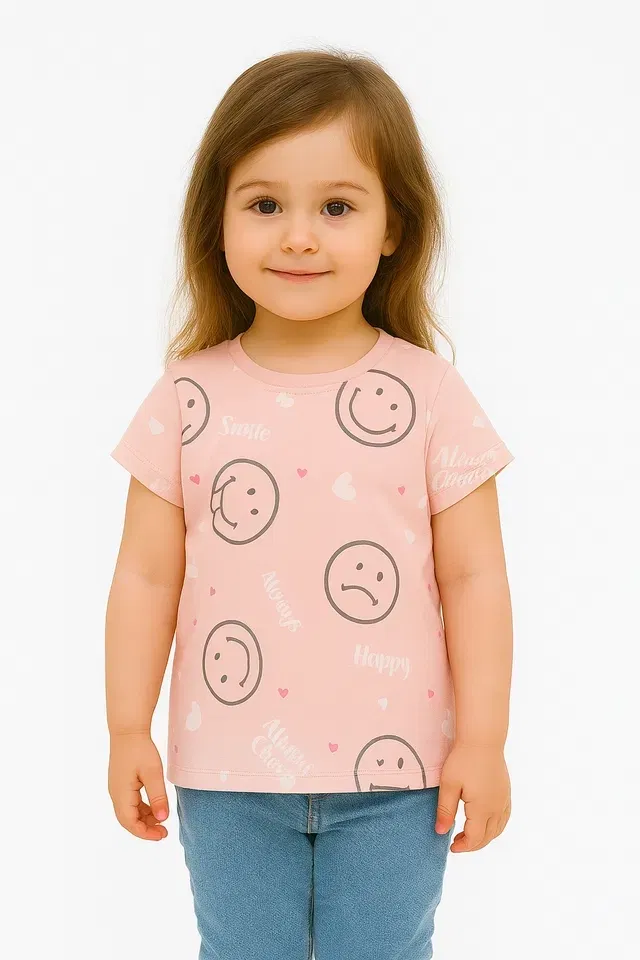 Round Neck Printed T-Shirt for Girls (Peach, 2-3 Years)