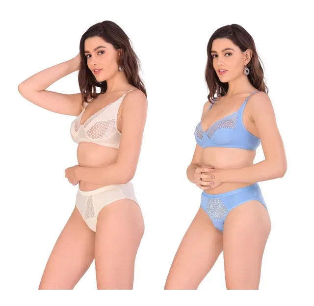 Cotton Blend Solid Non Padded Lingerie Set for Women (Multicolor, 40) (Pack of 2)
