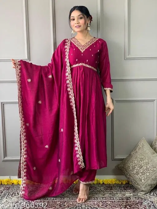 Embroidered Vichitra Silk Kurta Set for Women (Pink, XL)