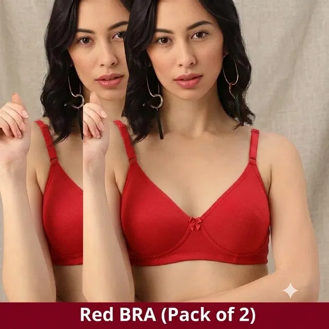 Solid Cotton Everyday Bra for Women, Pack of 2 (Red, 36A)