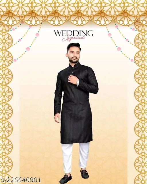 Mandarin Neck Kurta for Men (Black, XL)